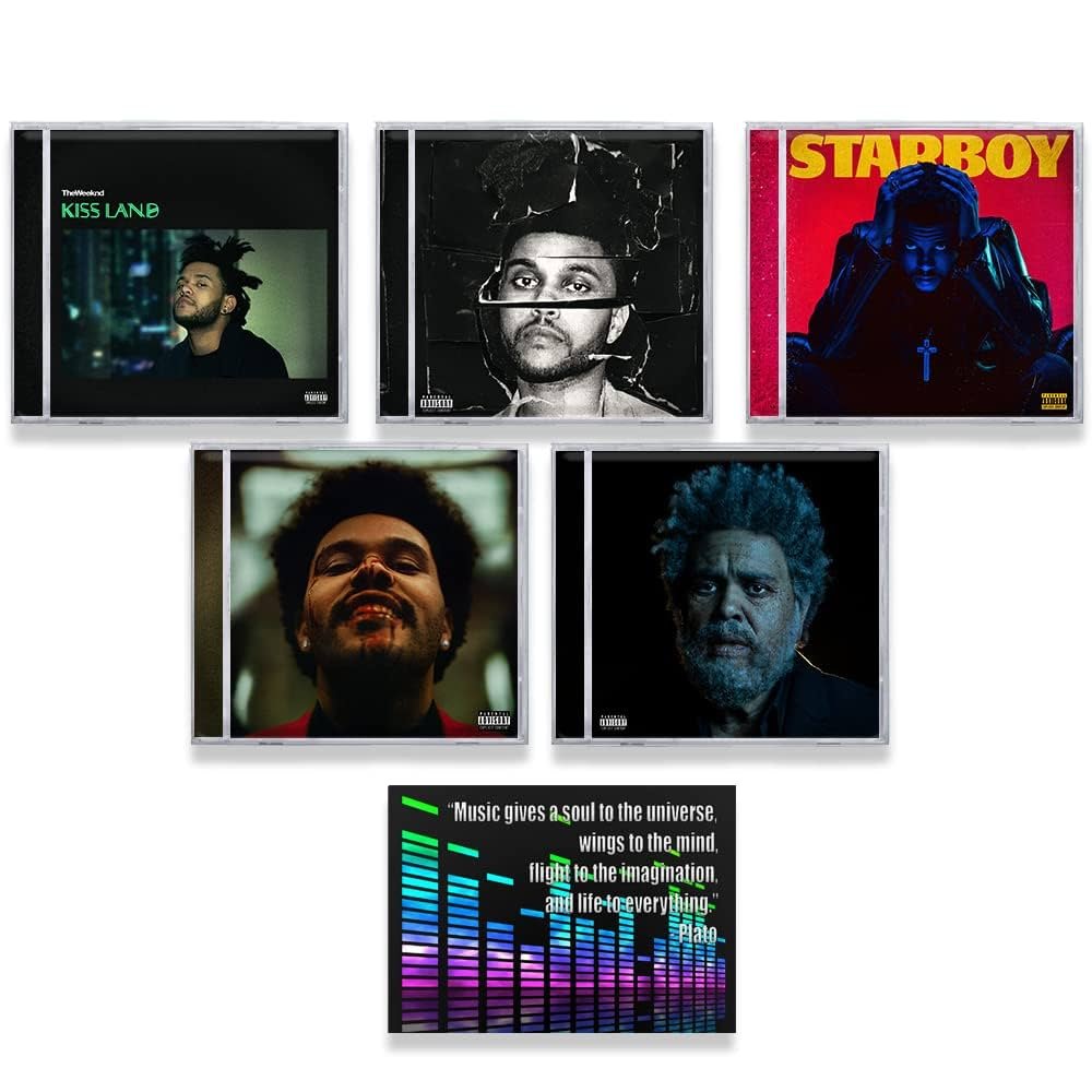 Collage de portadas de álbumes de The Weeknd: Kiss Land, Beauty Behind the Madness, Starboy, After Hours, Dawn FM